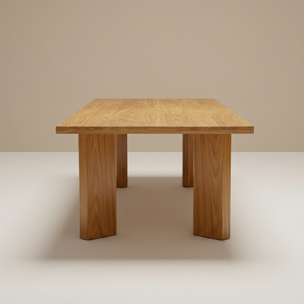 Teak dining table on a beige and off-white background