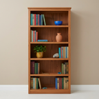 Teak bookshelf styled with colorful books and ceramics