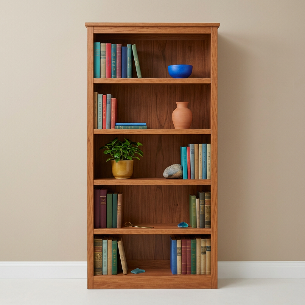 Teak bookshelf styled with colorful books and ceramics