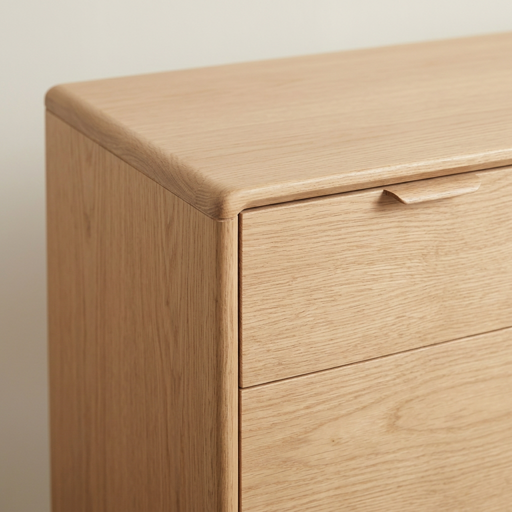 Close-up of teak sideboard wood grain and pull detail