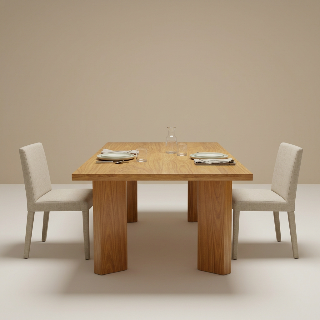 Teak dining table styled with neutral dining chairs and table settings