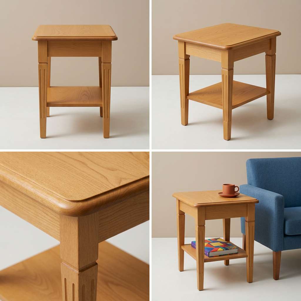 Four-image grid of teak side table views and details