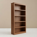 Tall warm brown teak bookshelf with five open compartments