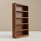 Tall warm brown teak bookshelf with five open compartments