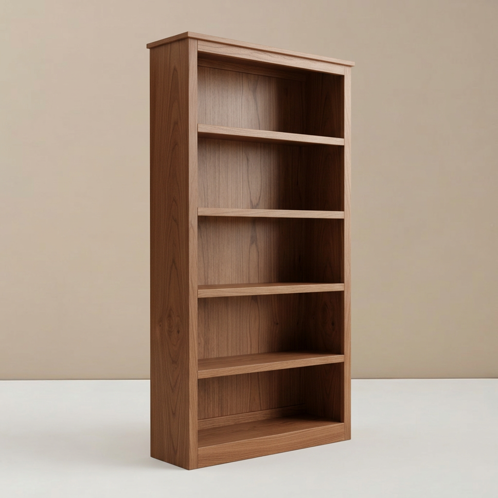 Tall warm brown teak bookshelf with five open compartments