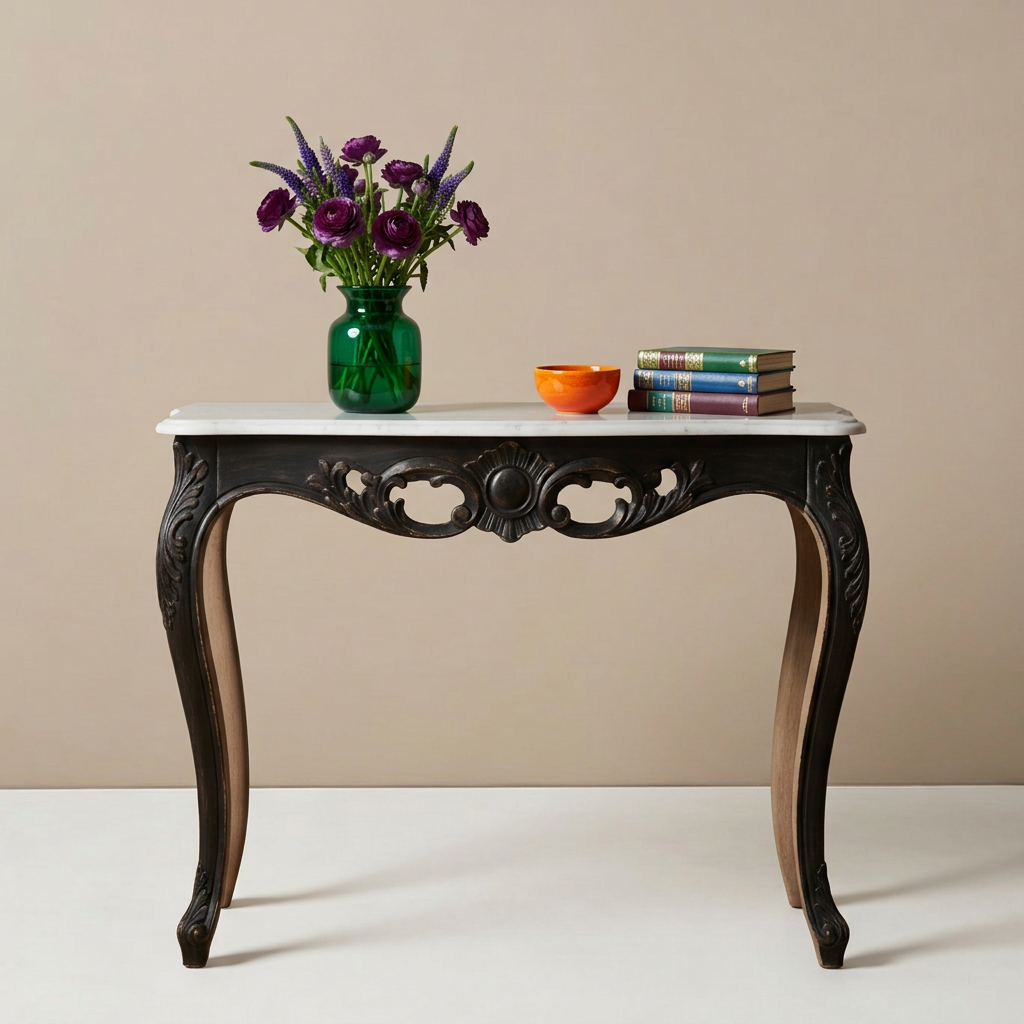 Ornate console styled with colorful ceramics and flowers