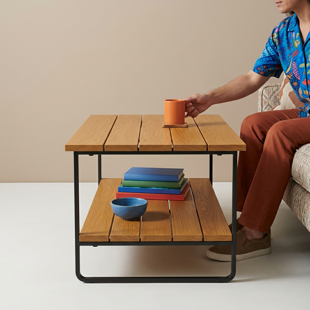 Person setting a mug on the slatted teak coffee table