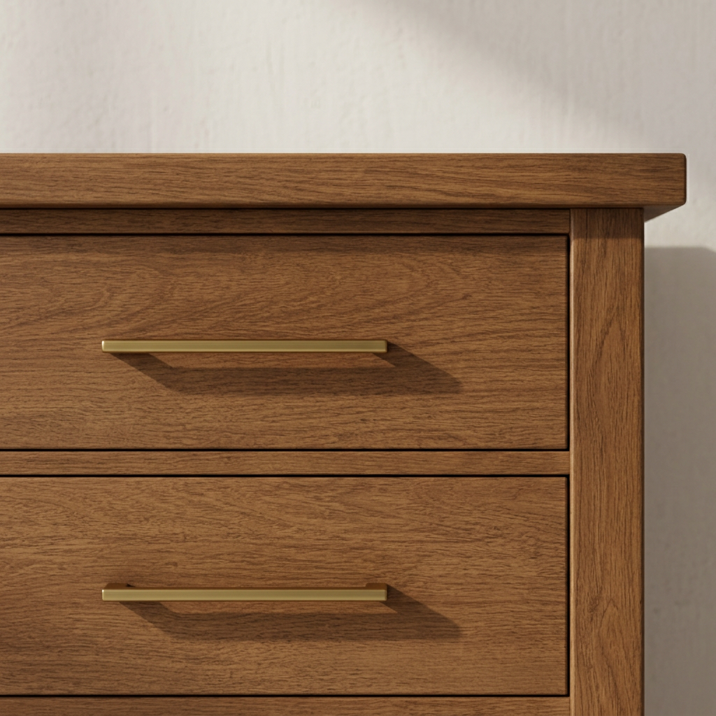 Close-up of mocha dresser wood grain and drawer pull