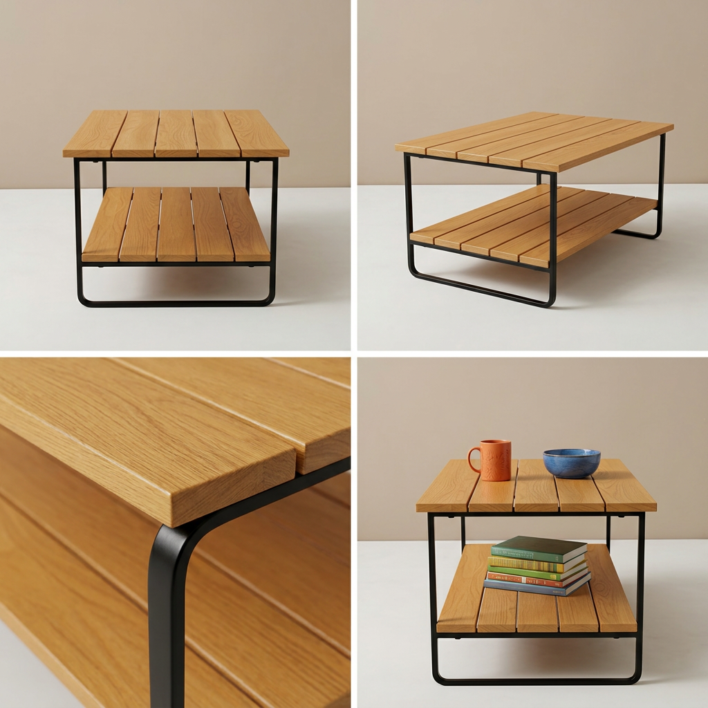 Four-image grid of slatted coffee table views and details