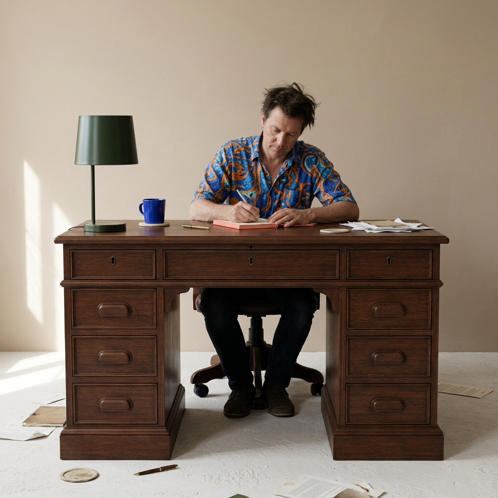 Person writing at the classic teak wood desk