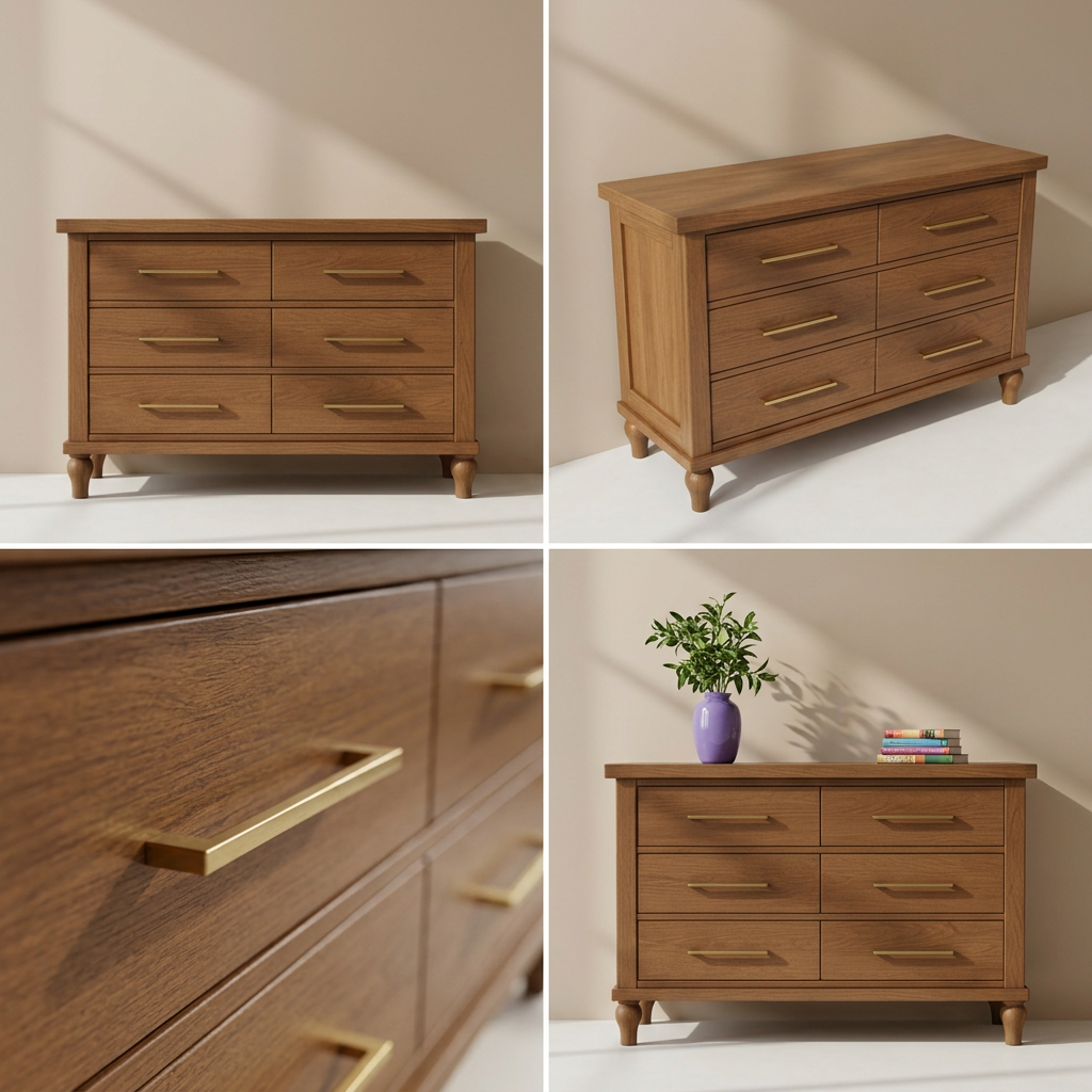 Four-image grid of mocha dresser views and details