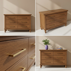 Four-image grid of mocha dresser views and details