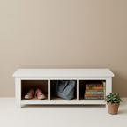 White storage bench with colorful everyday accessories