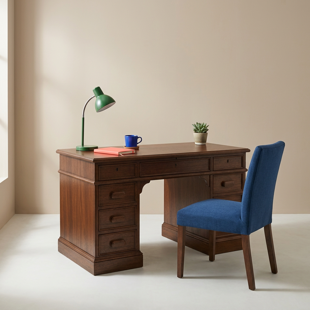 Teak writing desk styled with colorful office accessories