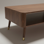 Close-up of teak coffee table edge and leg detail