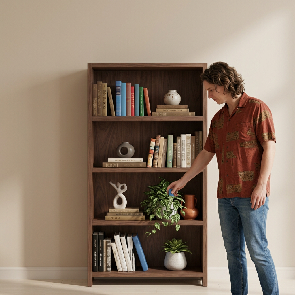 Person selecting a book from the teak bookshelf