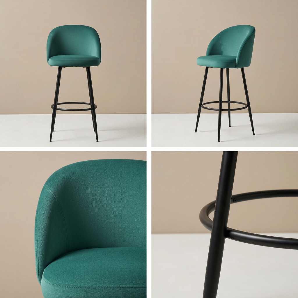 Four-image grid of teal bar stool views and details