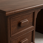 Close-up of teak desk drawer and molded edge detail