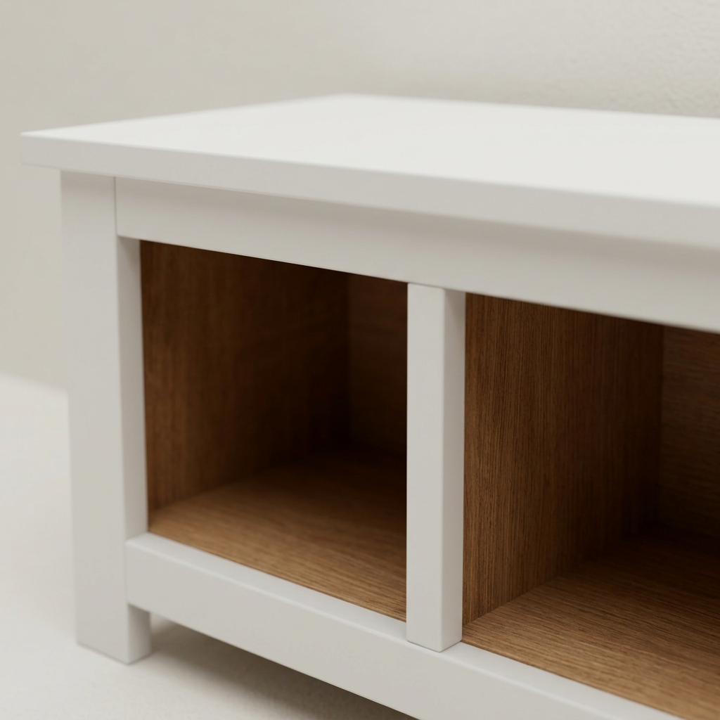 Close-up of white bench frame and wood-toned cubby
