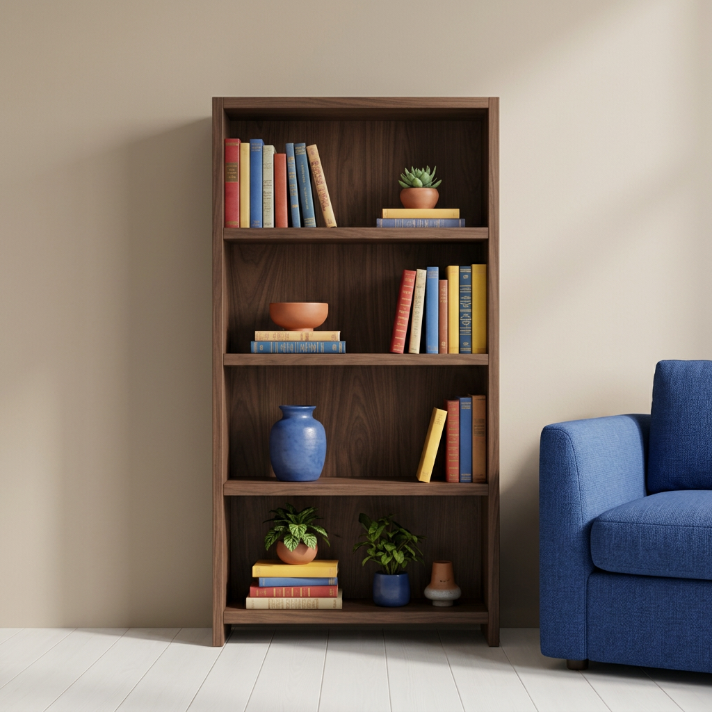 Teak bookshelf styled with colorful books plants and ceramics
