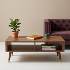 Teak coffee table with colorful living room accessories