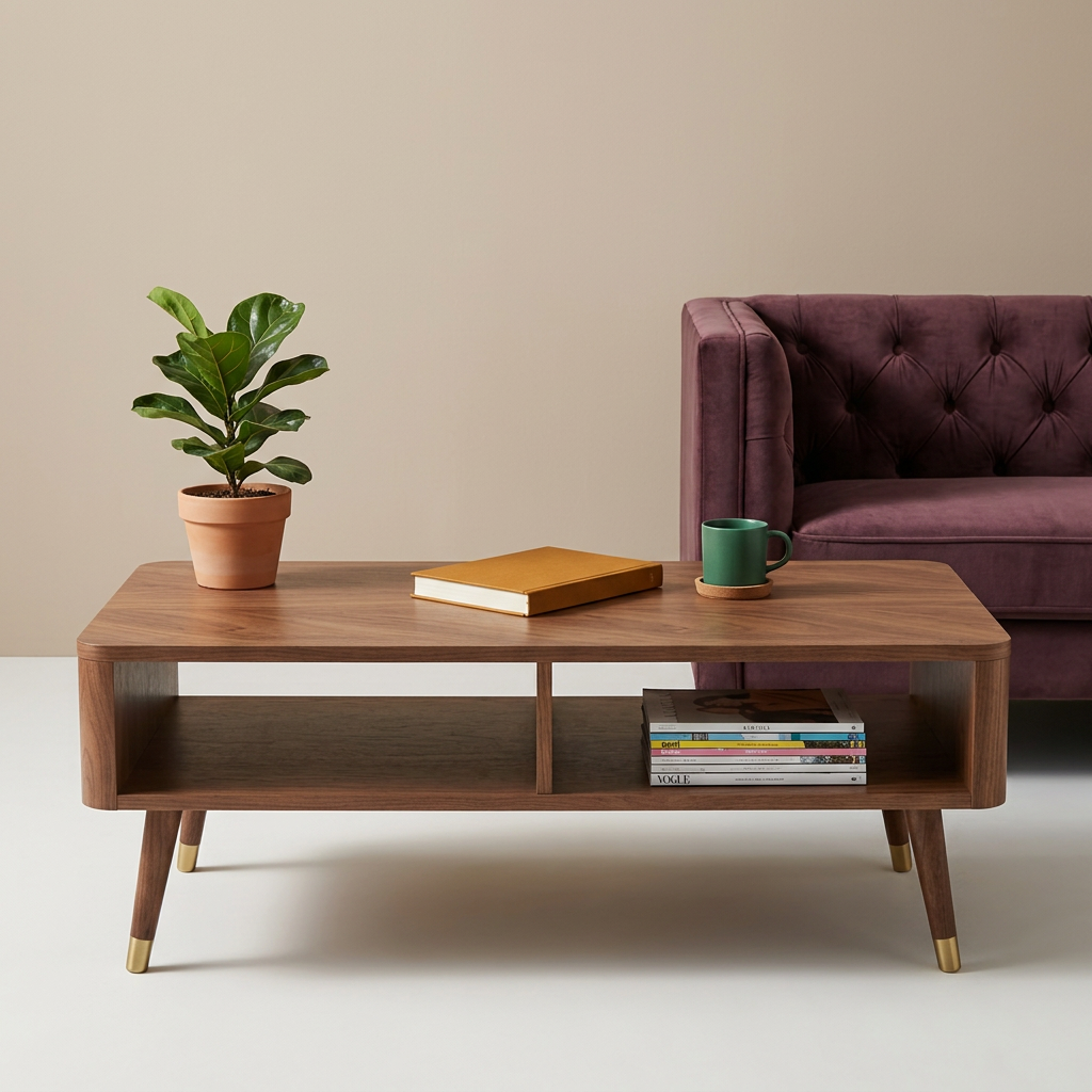 Teak coffee table with colorful living room accessories