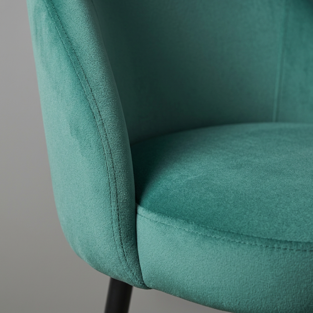 Close-up of teal upholstered seat and curved back