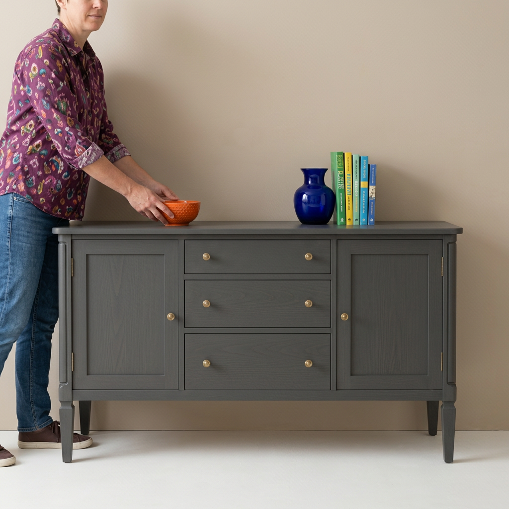 Person placing a ceramic bowl on the charcoal sideboard