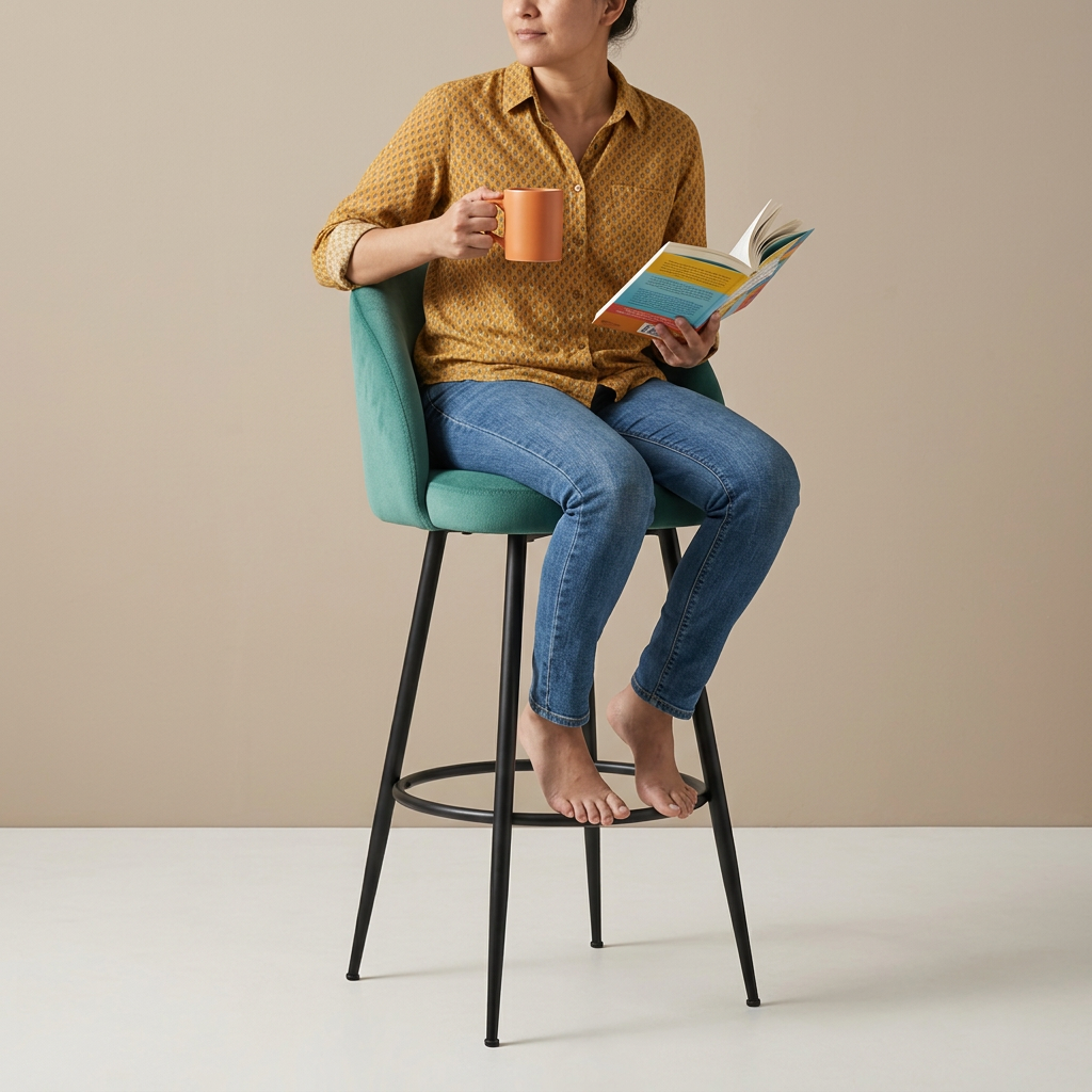 Person reading with a mug while seated on the teal bar stool