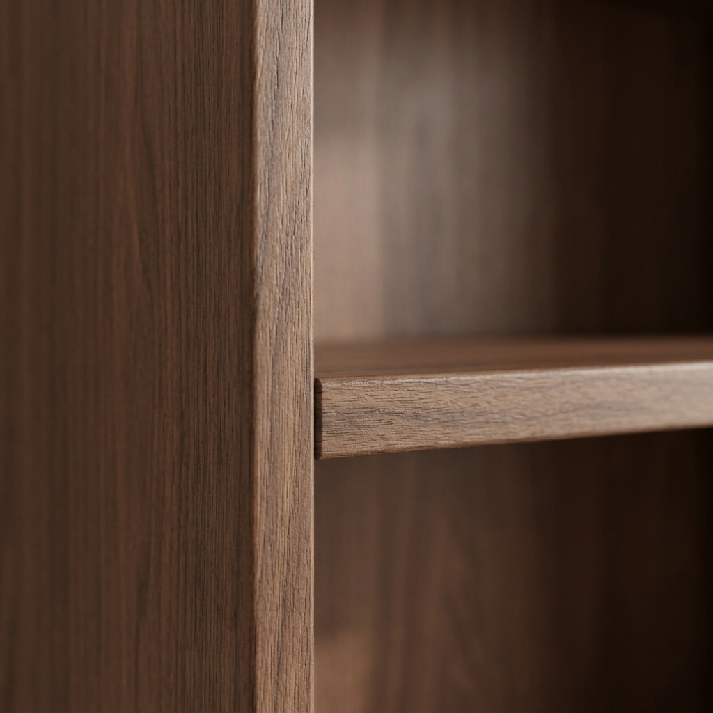 Close-up of the teak bookshelf shelf edge and frame