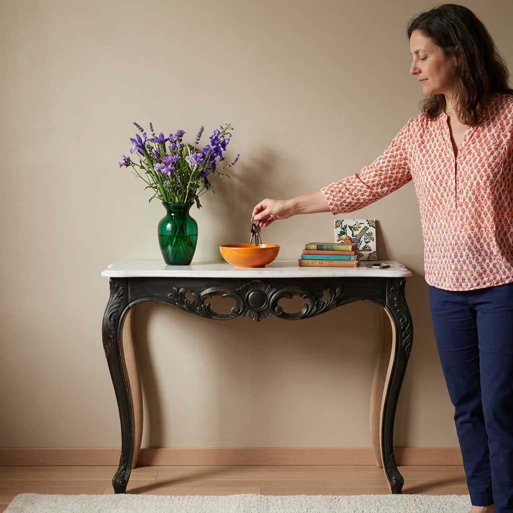 Person placing keys in a bowl on the ornate console