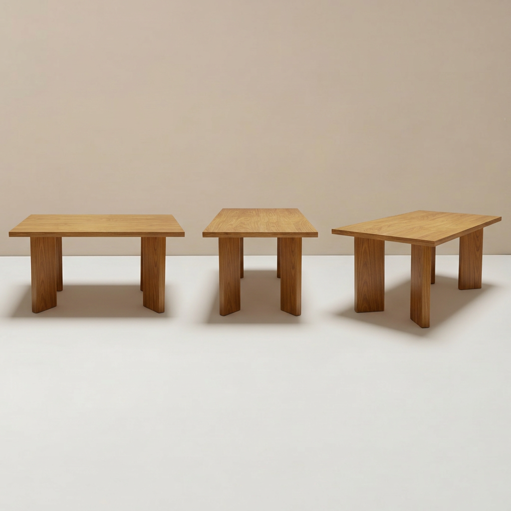 Teak dining table shown from multiple angles