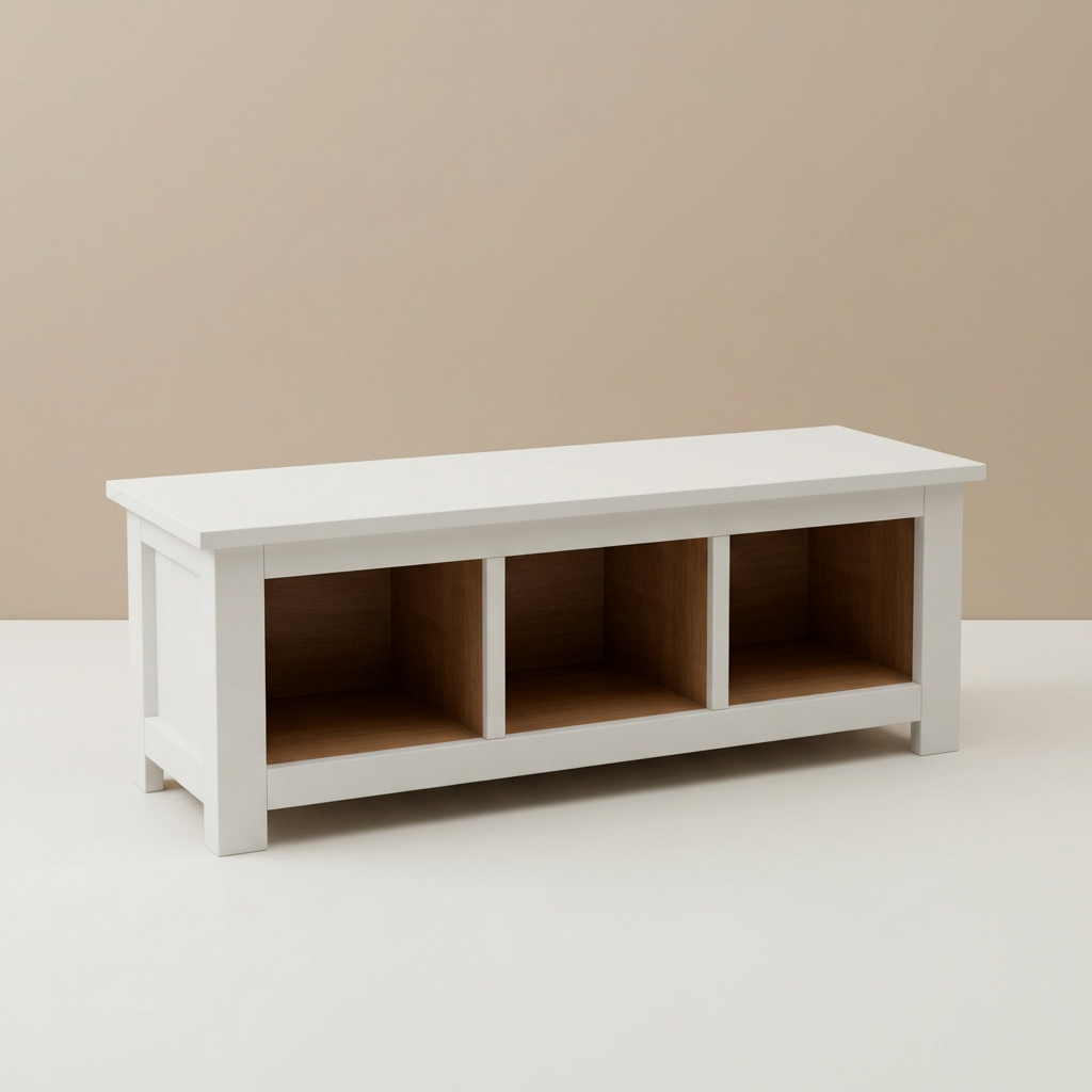 White teak storage bench with three wood-toned cubbies