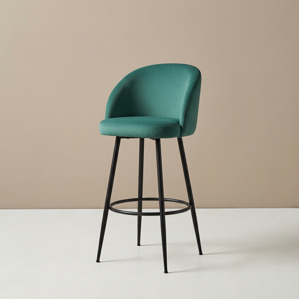 Teal upholstered bar stool with curved back and black legs