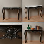 Four-image grid of ornate console table views and details