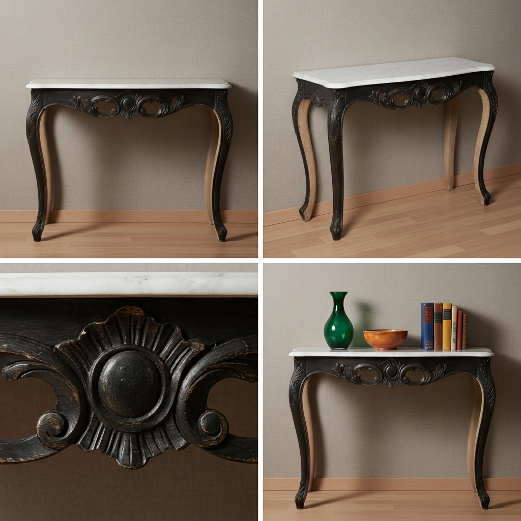 Four-image grid of ornate console table views and details