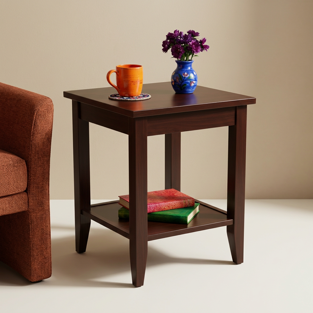 Espresso side table styled with colorful ceramics and books
