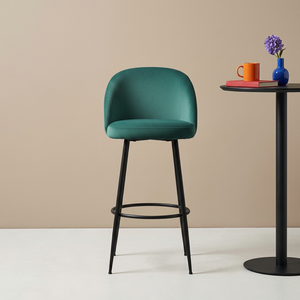 Teal bar stool styled with colorful home accessories
