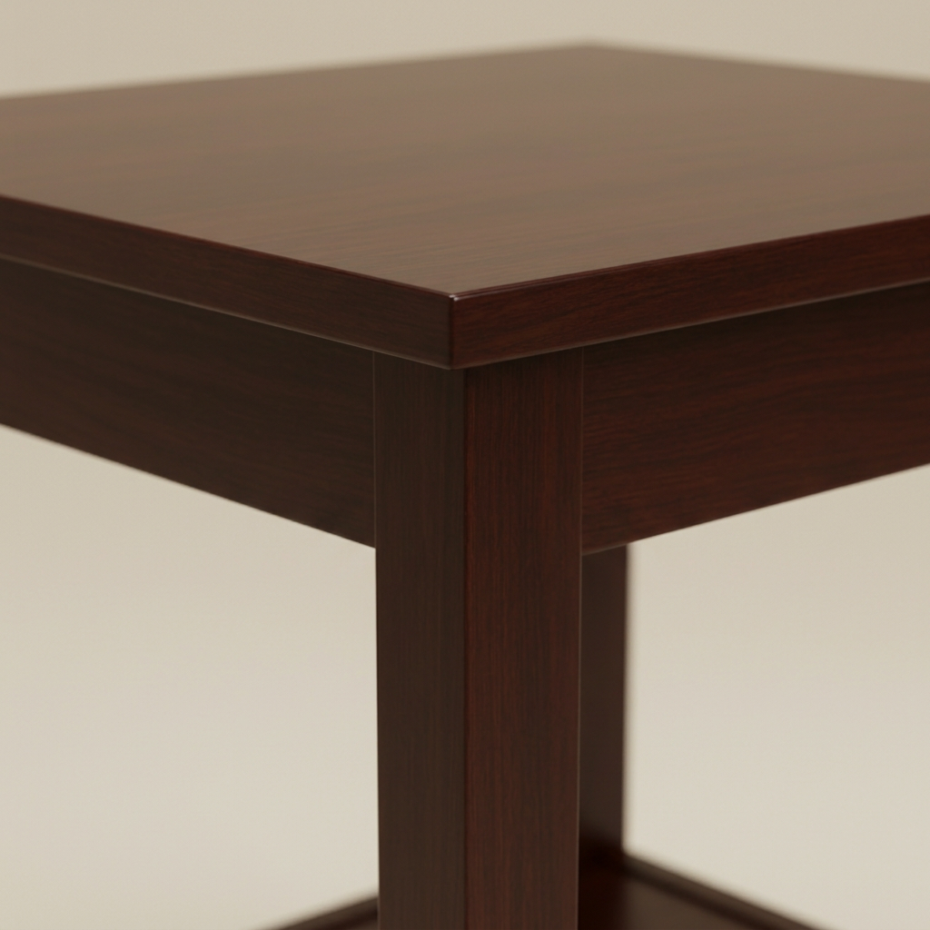 Close-up of espresso side table top edge and leg