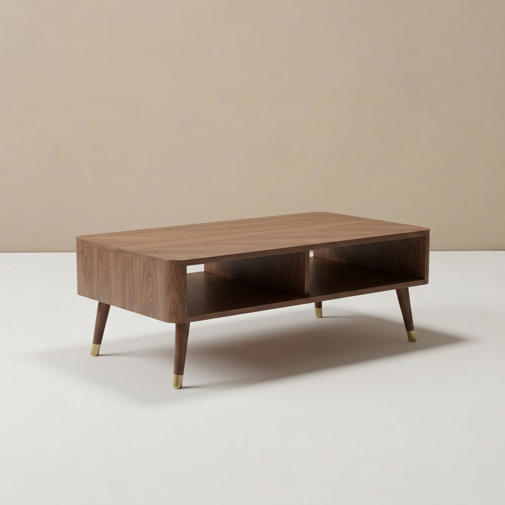 Teak coffee table with two open compartments and tapered legs