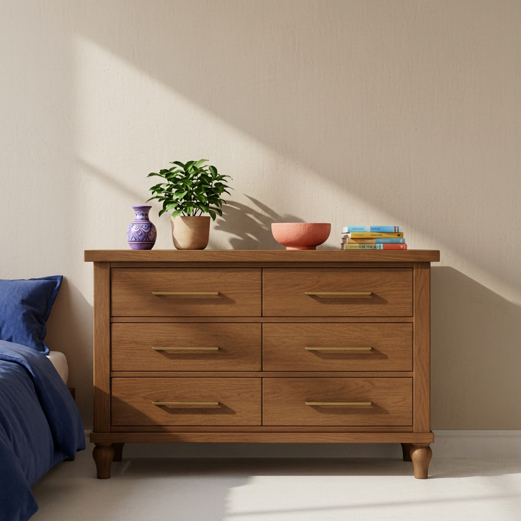 Mocha dresser styled with colorful bedroom accessories