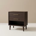 Espresso teak nightstand with two drawers and an open shelf