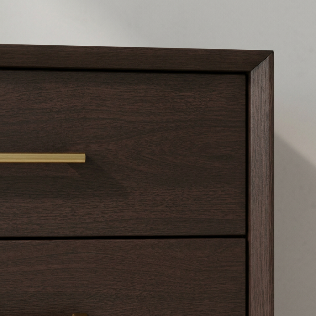 Close-up of espresso nightstand drawer and gold-tone handle