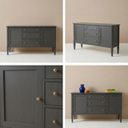 Four-image grid of charcoal sideboard views and details
