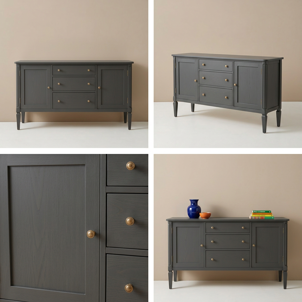 Four-image grid of charcoal sideboard views and details