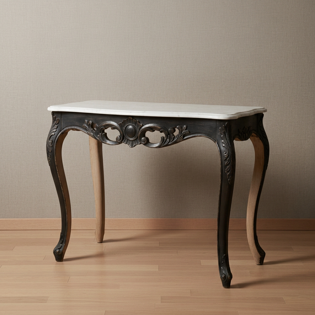Ornate dark teak console table with pale top