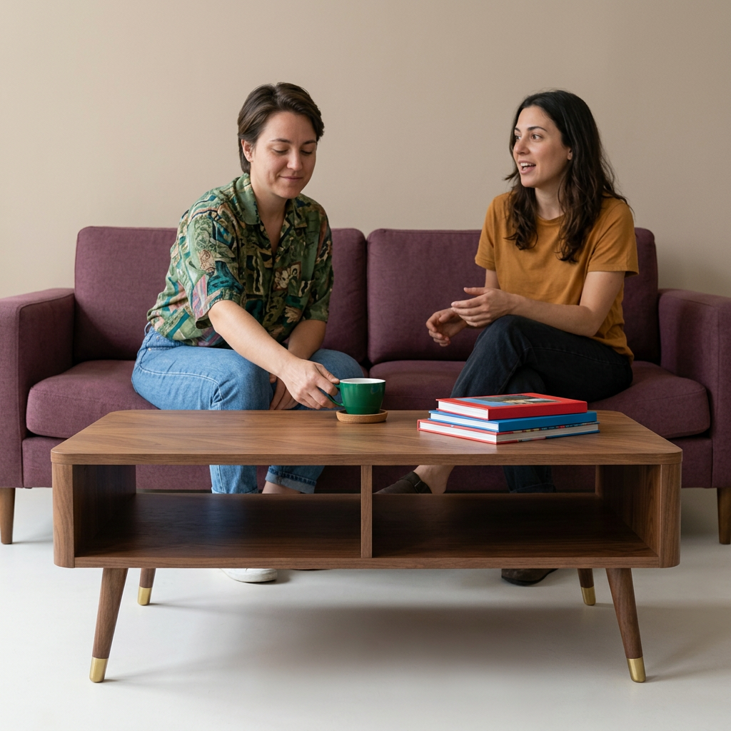 Friends using the teak coffee table in a living room