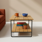 Slatted coffee table styled with colorful ceramics and books
