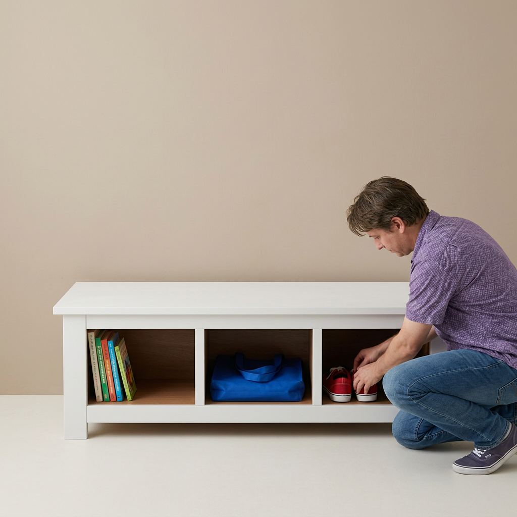 Person organizing shoes in the storage bench cubbies
