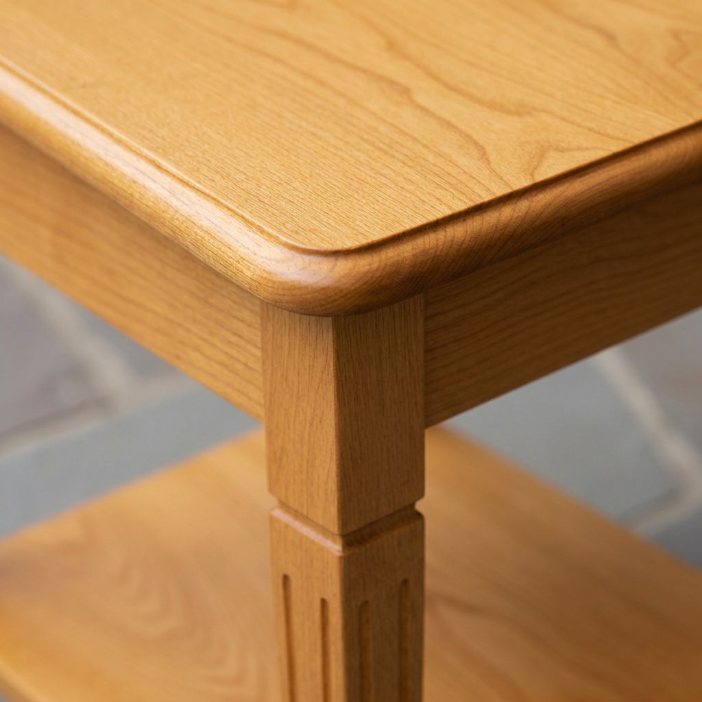 Close-up of the side table rounded top edge and grooved leg